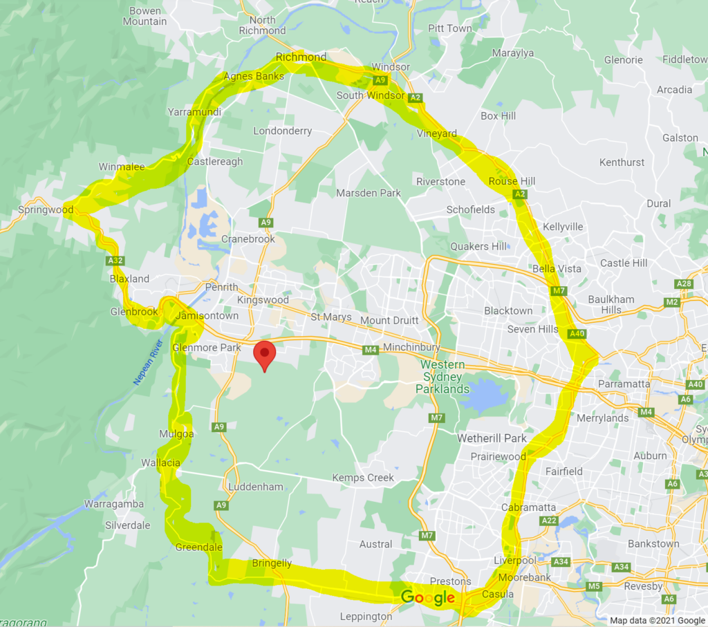 A map of in home dog training service area in Greater Western Sydney
